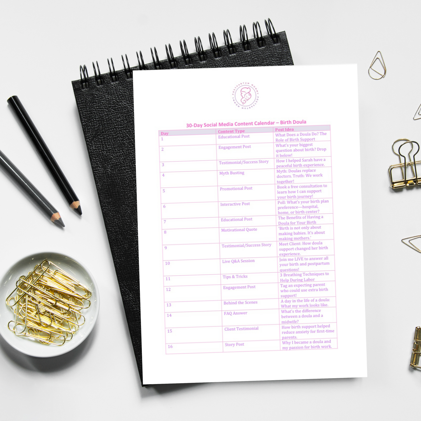 Birth Doula 30-Day Social Media Content Calendar